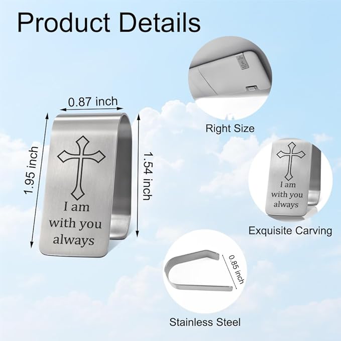 XQLZY I Am with You Always Engraved Stainless Steel Car Visors Clip, Travels Visor Car Accessories, Inspirational Guardian Angel Visor Clip for Women Men Family Friend Driver, New Driver Gifts