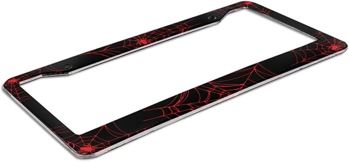 Red Spider Web License Plate Frame - 1 Pack Novelty Black Cobweb License Plate Holder，Aluminum Metal Car Tag Cover with 2 Holes and Screws，Customized Decorative for US Vehicle Standard for Women Men