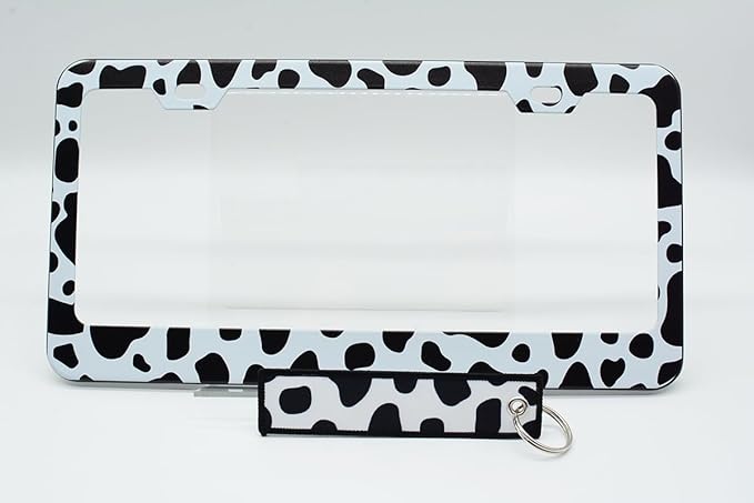 1pcs Cow White Black spot License Plate Frame for Women, Animal Cow Print car Decorative tag Frames Girly, Cute Metal License Plate Cover Holder for Vehicle with Double Sided car Keychain tag