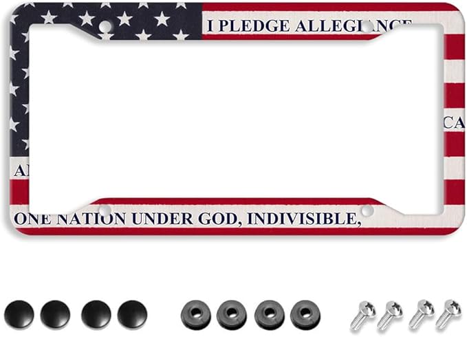 Patriotic American Flag License Plate Frame - 1 Pack Personalized Aluminum Car License Plate Cover Pledge of Allegiance 4 Hole Auto Car Tag for Women/Men Pledge License Plate Holder