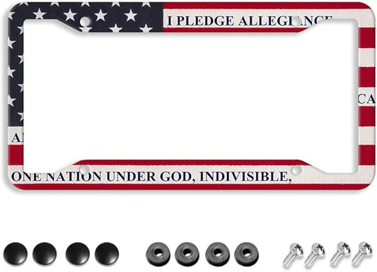 Patriotic American Flag License Plate Frame - 1 Pack Personalized Aluminum Car License Plate Cover Pledge of Allegiance 4 Hole Auto Car Tag for Women/Men Pledge License Plate Holder