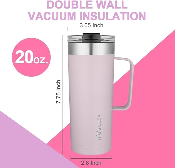Life's Easy 20oz Stainless Steel Mug w/Handle - Double Wall Insulated Travel Tumbler w/Flip Lid - Leak Proof Tumbler-Thermal Cup for Coffee, Tea & More - Keep Hot & Cold Drinks (Lavender, 20 oz)