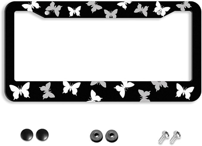 Black White Butterfly License Plate Frame - 1 Pack Aluminum Metal License Plates Butterflies License Plate Holder Novelty Auto Car Tag Universal Car Accessories with 2 Holes