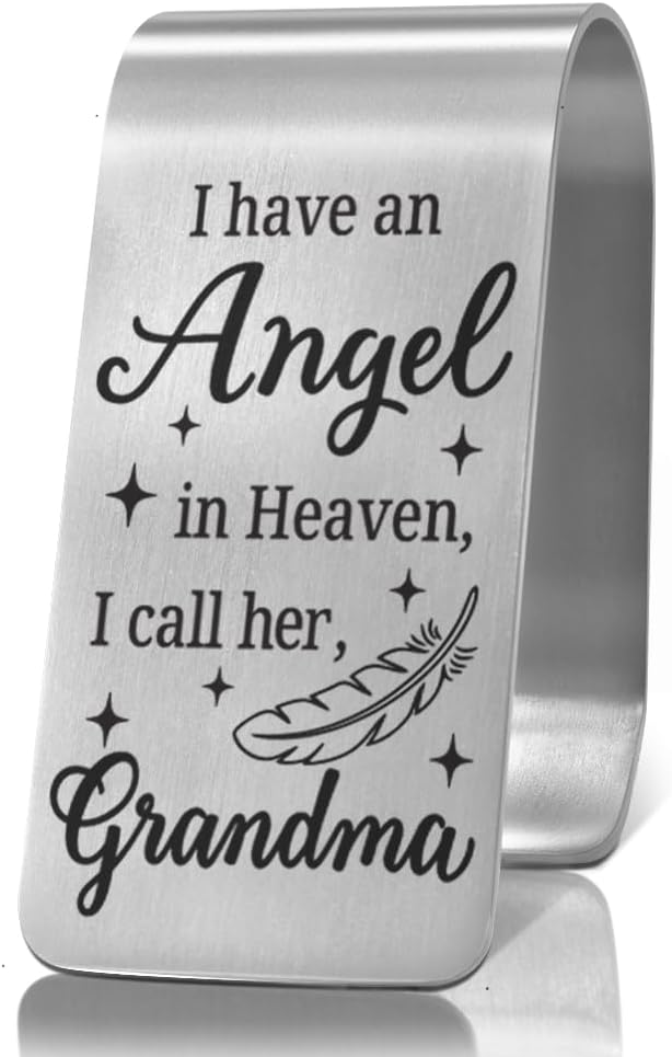 XQLZY I Have an Angel in Heaven I Call Her Grandma Engraved Stainless Steel Car Visor Clip, Inspirational Safe Driving Gifts for Family Friend Driver, Sympathy Memorial Gifts for Who Lost Grandma