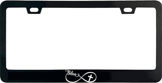 Infinity Believe Cross License Plate Frame, 12 X 6 Inch Black Stainless Steel Car Accessories for Women/Men, with 2 Holes & Screws