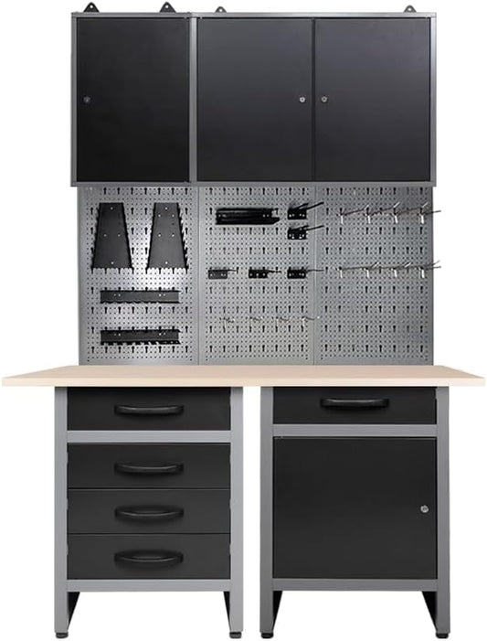 JZD Steel Workbench Garage Storage Cabinet Set with Wood Worktop