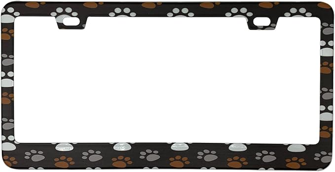 White Grey Yellow Paw Prints on Dark Grey Background License Plate Frame Cover, Matte White Powder Coated Stainless Steel, Animal Print Auto Car Tag Frame with 2 Holes & Free Screws