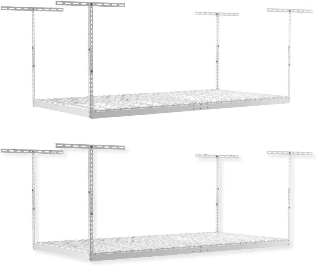 SafeRacks Overhead Garage Storage Rack, Heavy Duty Racks for Garage w/ 600 lb Capacity, Easy Garage Storage Adjustable Storage Rack Ceiling Mount Storage for Garage 4x8 White, 24"-45" (2 Pack)