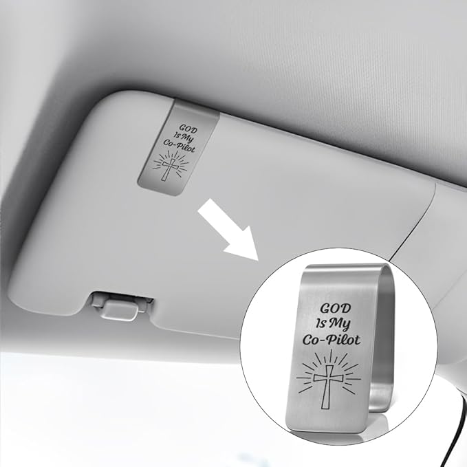 XQLZY God is My Co-Pilot Engraved Stainless Steel Car Visor Clip, Travels Visor Car Accessories, Inspirational Angel Safe Travels Driving Gifts for Women Men Family Friend Driver, New Driver Gifts