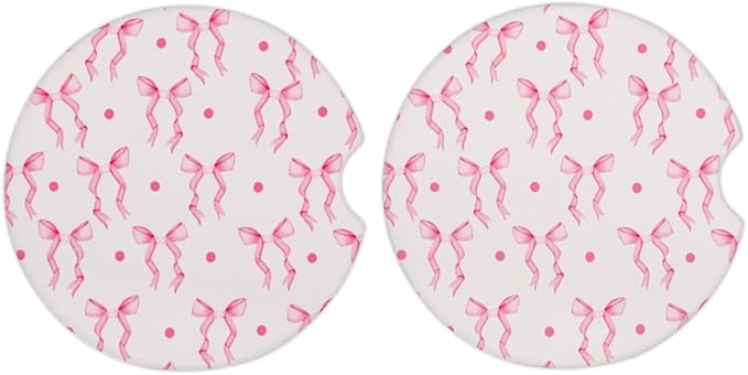 Cup Holder Coaster for Car, 2 Pack Car Coasters for Cup Holders, Cork Base Car Cup Coasters for Drinks, Universal Aesthetic Car Accessories for Women Men, Table Coaster Home Decor (Pink Bow Ribbon)