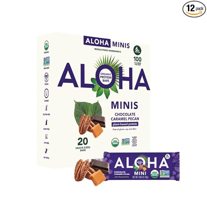 ALOHA Organic Plant Based Protein Bar MINIS |Caramel Chocolate Pecan | 20 Count, 24g Bars | Vegan, Low Sugar, Gluten Free, Low Carb, Non-GMO, Stevia Free, Soy Free, No Sugar Alcohols