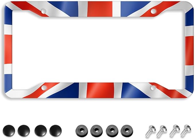 British UK United Kingdom Flag License Plate Frame - 1 Pack Aluminum Metal Union Jack License Plates England License Plate Holder Novelty Auto Car Tag Universal US Canadian for Car with 4 Holes