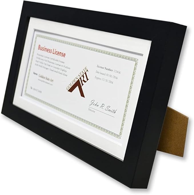 Golden State Art, 5x10 Wood Frame with Mat for 4x9 Business License Certificate with White Mat & Table-Top Display, Real Glass, Black, 10 Pack