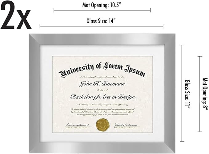 Americanflat 11x14 Diploma Frame with Shatter-Resistant Glass - Set of 2 - Use as 8.5x11 Frame with Mat or Display 11x14 Documents Without Mat - Legacy Collection - Certificate Frames - Silver