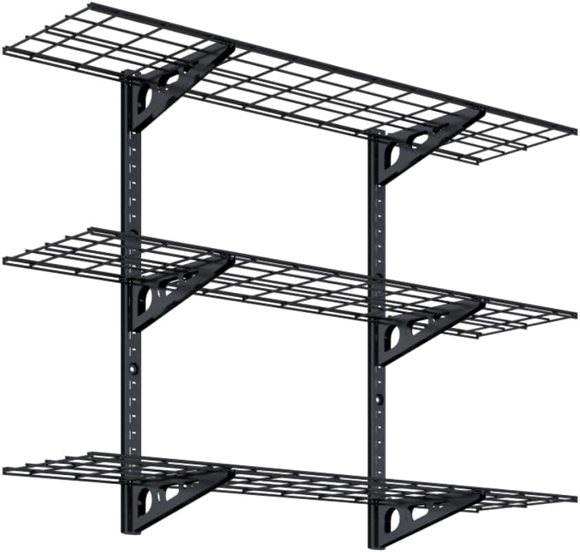 FLEXIMOUNTS 3 Tier 1x4ft Garage Storage Wall Shelving, 12x48inch per Shelf Height Adjustable Floating Shelves, 450lbs Total Weight Capacity, Black