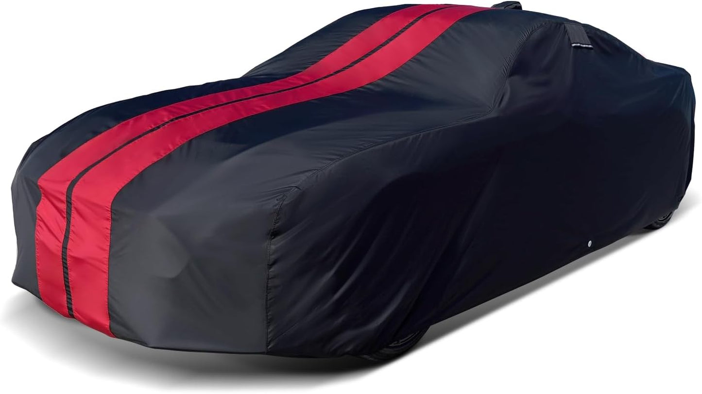 iCarCover Custom Car Cover for Pontiac Lemans 2-Door, 4-Door (1978-1981) Waterproof All-Weather Rain Snow UV Sun Protector Full Exterior Indoor Outdoor Car Cover (Stripe - Black/Red)