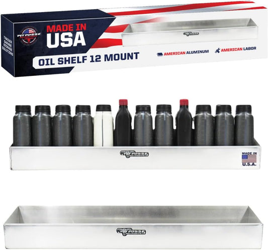 Pit Posse 443 Oil Shelf 12 Quart Bottle Holder Storage Organizer Caddy 32" - Made in USA - Enclosed Race Trailer Garage Shop Automotive Motor Engine Oil Rack Caddie Shelves (Silver)