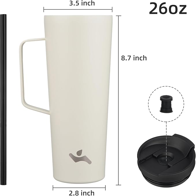 Insulated Tumbler with Handle and Straw, 26 OZ Travel Coffee Mug Stainless Steel Cup Metal Water Bottle,Angel White