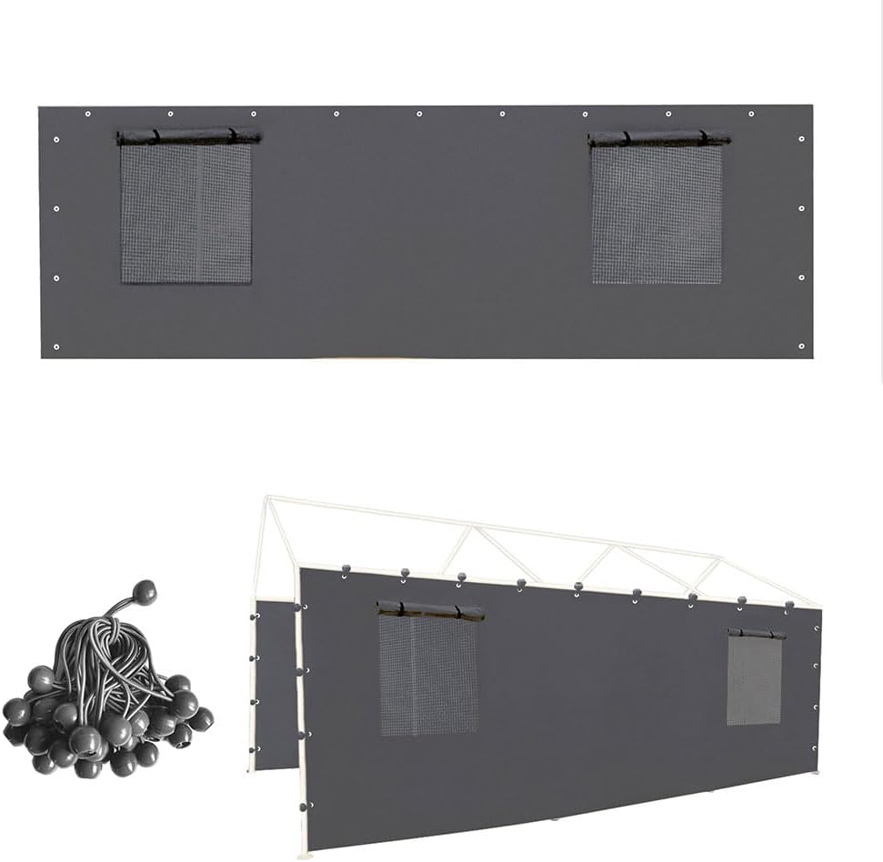 Sidewall Panel with Mesh Windows and Elastic Ball Bungees, for 10x20 FT or 12x20 FT Garage Party Tent Shelter - Gray, One Sidewall Panel Only