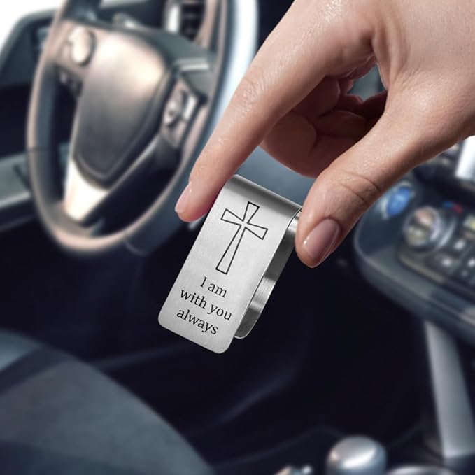 I Am with You Always Engraved Stainless Steel Car Visor Clip, Travels Visor Car Accessories, Driving Safety Prayer Religious Gifts for Parent Family Friend, New Driver Gifts
