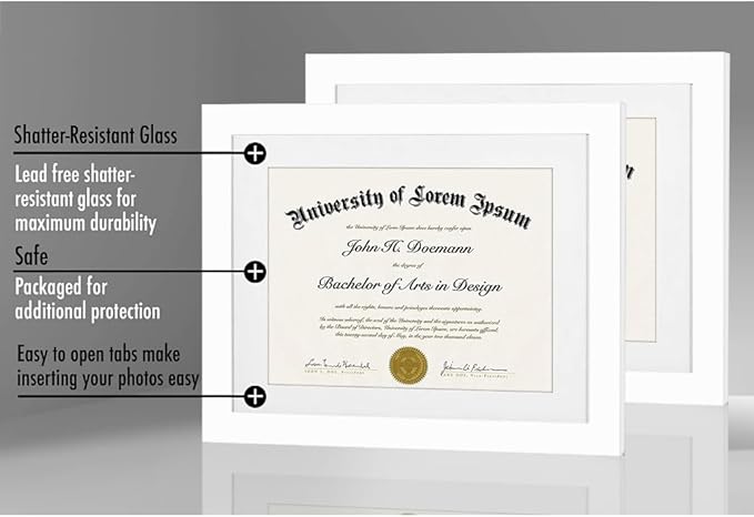 Americanflat 11x14 Diploma Frame with Shatter-Resistant Glass - Set of 2 - Use as 8.5x11 Frame with Mat or Display 11x14 Documents Without Mat - Legacy Collection - Certificate Frames for Wall - White