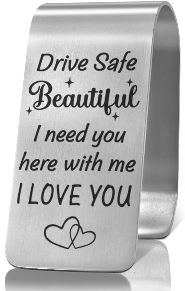 XQLZY Drive Safe Beautiful I Need You Here with Me Engraved Stainless Steel Car Visor Clip, Funny Safe Driving Reminder Clip Gifts for Girlfriend Wife Daughter Driver, Travel Visor Car Accessories