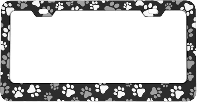 Paw Print License Plate Frame - 1 Pack Funny Animal Black White Dog Paw License Plate Holder Aluminum Metal Car Tag Cover with 2 Holes Customized Decorative for US Vehicle Standard for Women Men