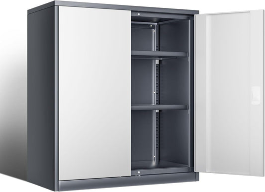 DNA MOTORING 36'' Metal Storage Cabinet, Locking Tool Cabinet with 2 Doors and 2 Adjustable Shelves, Heavy Duty Metal Locker for Garage,Office,Home,Gym, Gray White, TOOLS-00631-GY-WH-A