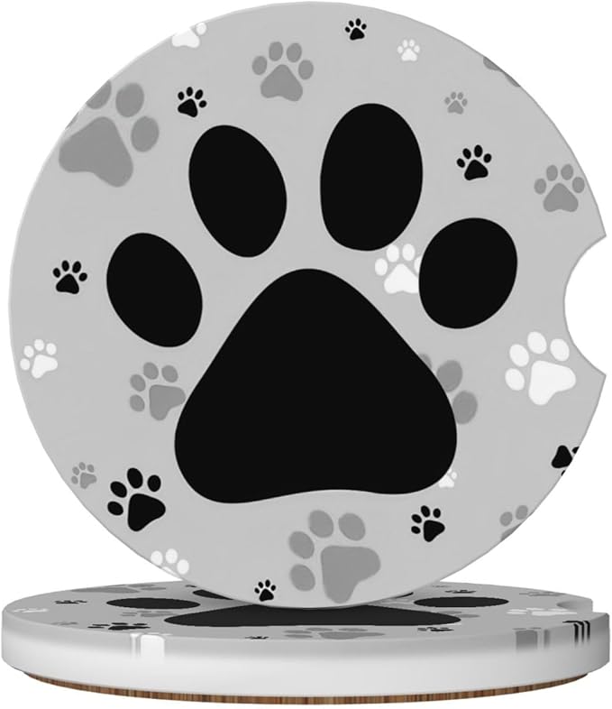 ABLESKY Car Coasters for Cup Holders, 2 Pack Absorbent Anti Slip Car Cup Holder Coasters, 2.56 Inch Ceramic Universal Size Auto Interior Accessories Women Men-Gray Dog Paw
