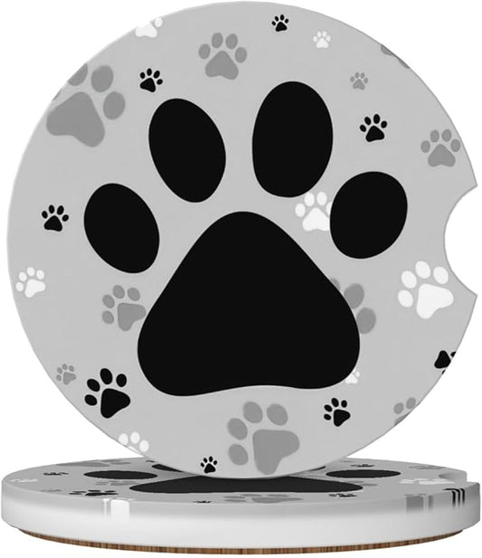 ABLESKY Car Coasters for Cup Holders, 2 Pack Absorbent Anti Slip Car Cup Holder Coasters, 2.56 Inch Ceramic Universal Size Auto Interior Accessories Women Men-Gray Dog Paw