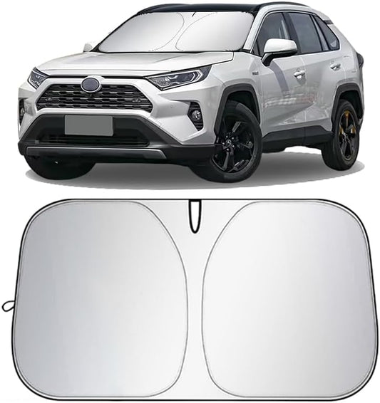 Car Windshield Sun Shade,Foldable Reflective Sun Visor,Sun Heat and UV Rays Blocker,210T Coated Silver Cloth Reflective Polyester