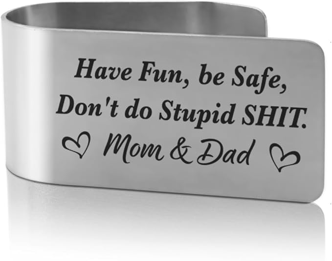 XQLZY Have Fun Be Safe Don't Do Stupid Shit Mom Dad Engraved Stainless Steel Car Visor Clip, Travels Visor Car Accessories, Funny Birthday for Couple Husband Dad Mom Friend Driver