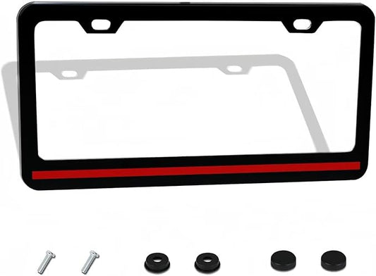 Thin Red Line License Plate Frame - 1 Pack Personalized Firefighters License Plate Holder Aluminum Metal Black Red Line Car Tag Cover with 2 Holes Decoration for US Vehicles Standard Women Men