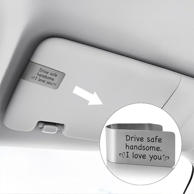 XQLZY Drive Safe Handsome I Love You Engraved Stainless Steel Car Visor Clip, New Driver Gifts, Funny Father's Day Birthday Anniversary Car Accessories for Couple Husband Dad Men, Drive Safe Gifts