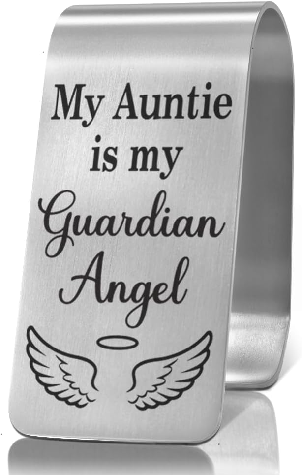 XQLZY My Auntie is My Guardian Angel Engraved Stainless Steel Car Visor Clip, Inspirational Guardian Angel Safe Driving Gifts for Niece Nephew, Travel Visor Car Accessories, Drive Safe Gifts
