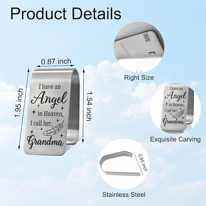 XQLZY I Have an Angel in Heaven I Call Her Grandma Engraved Stainless Steel Car Visor Clip, Inspirational Safe Driving Gifts for Family Friend Driver, Sympathy Memorial Gifts for Who Lost Grandma