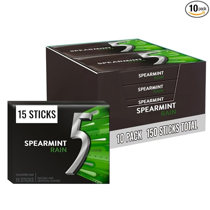 5 Gum Spearmint Rain Sugar Free Chewing Gum Bulk, 15 Stick Box (Pack of 10)