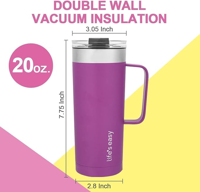 Life's Easy 20oz Stainless Steel Mug w/Handle - Double Wall Insulated Travel Tumbler w/Flip Lid - Leak Proof Tumbler-Thermal Cup for Coffee, Tea & More - Keep Hot & Cold Drinks (Purple, 20 oz)