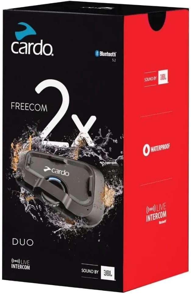 Cardo Systems FREECOM 2X Motorcycle 2-Way Helmet Bluetooth Communication System Headset Intercom, Universal Bluetooth Connectivity, Waterproof, 40mm Speakers - Dual Pack