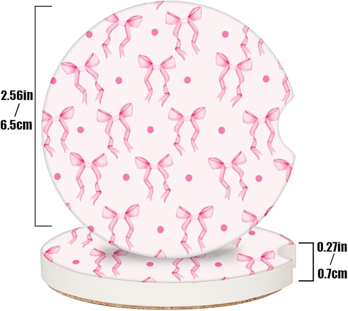 Cup Holder Coaster for Car, 2 Pack Car Coasters for Cup Holders, Cork Base Car Cup Coasters for Drinks, Universal Aesthetic Car Accessories for Women Men, Table Coaster Home Decor (Pink Bow Ribbon)