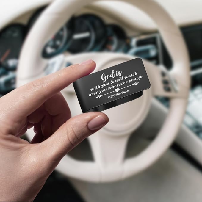 God is with You and Will Watch Over You Wherever You Go Black Engraved Stainless Steel Car Visor Clip, Genesis 28:15, Sun Visor Clip for Safe Driving, Religious Gifts for Family Friend Driver