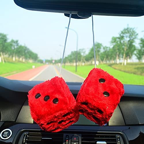 Fuzzy Plush Dice for Car Mirror, Pair of Retro 3??Red Dice with Black Dots for Car Interior Hanging Ornament Decoration