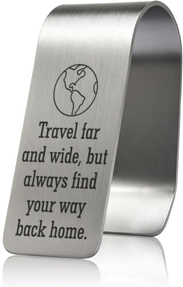 Travel Far and Wide But Always Find Your Way Back Home Engraved Stainless Steel Car Visor Clip, Inspirational Safe Driving Gifts for Family Friend Driver, Travel Visor Car Accessories