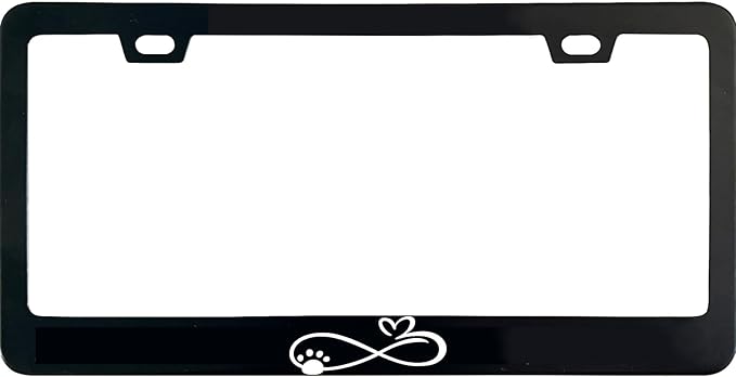 Infinity Forever Pet Paw and Heart License Plate Frame, 12 X 6 Inch Black Stainless Steel Car Accessories for Women/Men, with 2 Holes & Screws