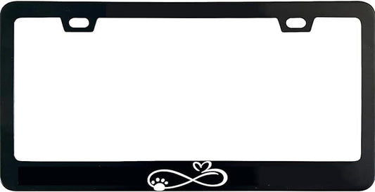 Infinity Forever Pet Paw and Heart License Plate Frame, 12 X 6 Inch Black Stainless Steel Car Accessories for Women/Men, with 2 Holes & Screws