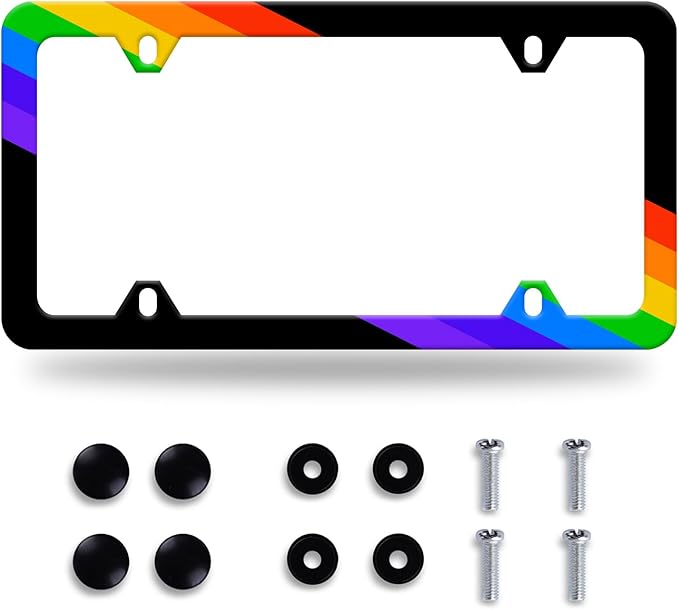 Rainbow Lines License Plate Frame LGBT Flag Gay Lesbian License Plate Stainless Steel Auto Parts Funny License Plate Decorative with Screws Size 12.3" x 6.3" for Women Men