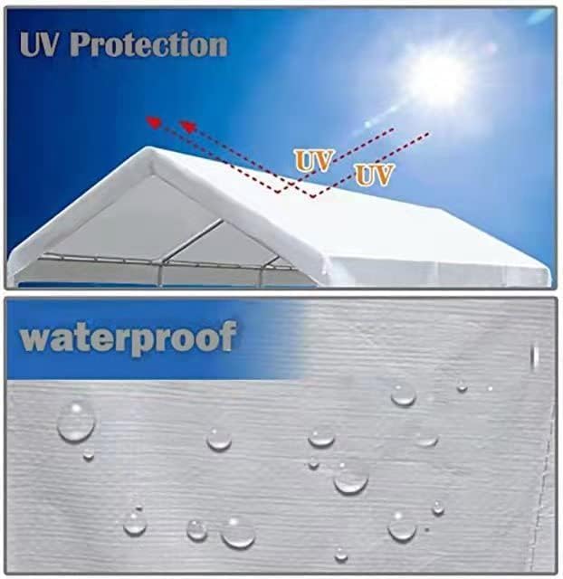 10' x20' Upgraded Carport Replacement Canopy Cover for Car Garage Shelter Party Tent with Ball Bungees White (Only Top Cover, Frame is not Included)