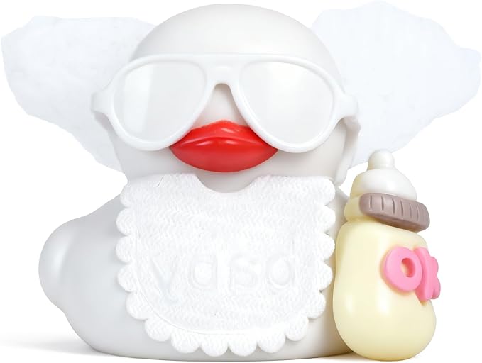 White Rubber Duck Car Decor with Wings, White Sunglasses, OK Bottle & Bib, DIY Dashboard Ornaments for Car, Office, Home,4 Small & 1 Large Stickers