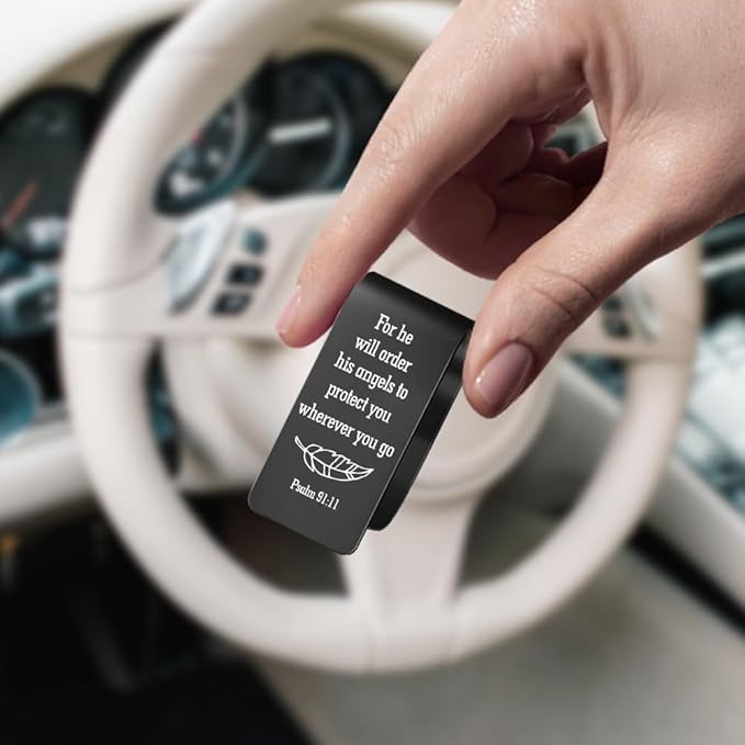 for He Will Order His Angels to Protect You Black Engraved Stainless Steel Car Visor Clip, Psalm 91:11, Guardian Angel Visor Clips for Cars, Safe Driving Gifts for Family Friend