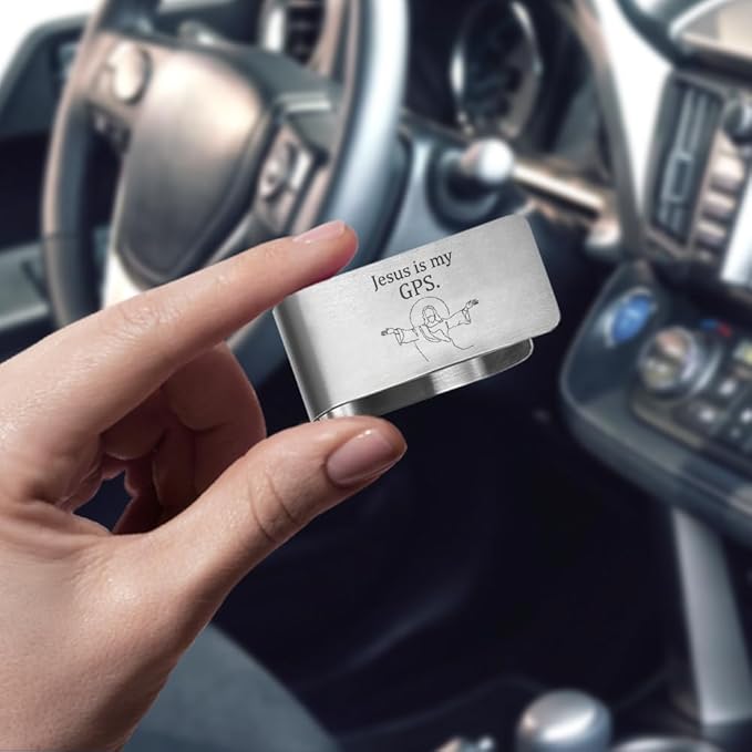 Jesus is My GPS Engraved Stainless Steel Car Visor Clip, Travels Visor Car Accessories, Driving Safety Prayer Religious Gifts for Dad Husband Grandpa, Funny Christian Gifts for Family Friend